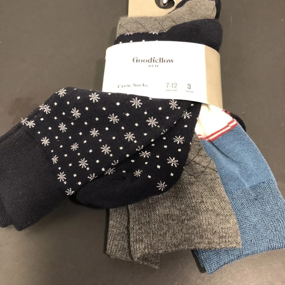 Goodfellow & Co Mens Crew Socks 3pr Snowflake/Gray/Blue Stripes, Sz 7-12